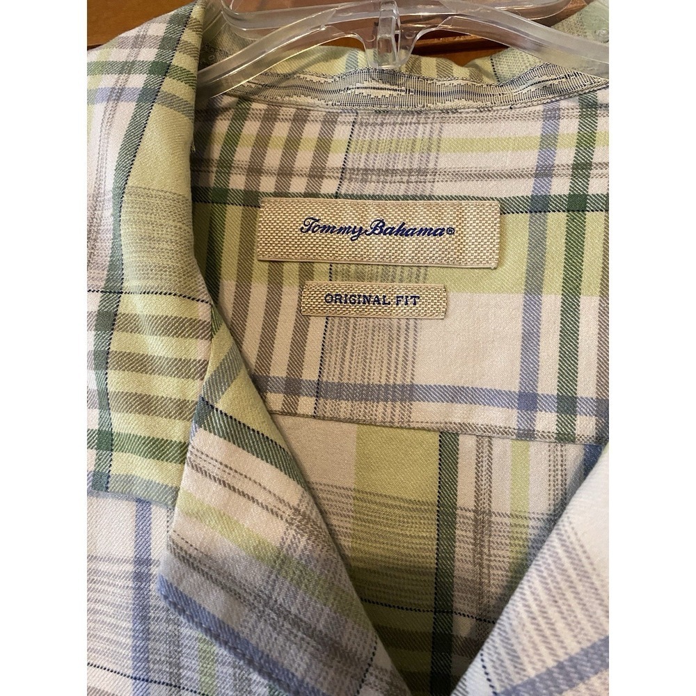 Tommy Bahama Shirt Men XL Plaid Silk Blue Green Wood Buttons Vtg Button Down